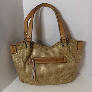 Relic Gold Woven Tote with Tan Trim and Double Handles